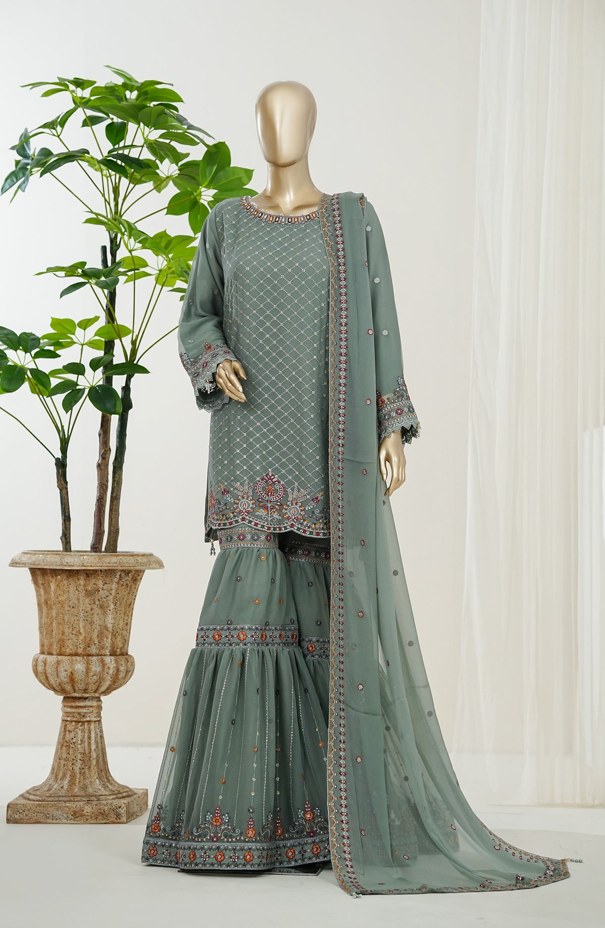 Reesha by Maria Fabrics Luxury Embroidered Chiffon Stitched 3 Piece Suit - Zarishay - MRF26RES - Green - Festive Collection
