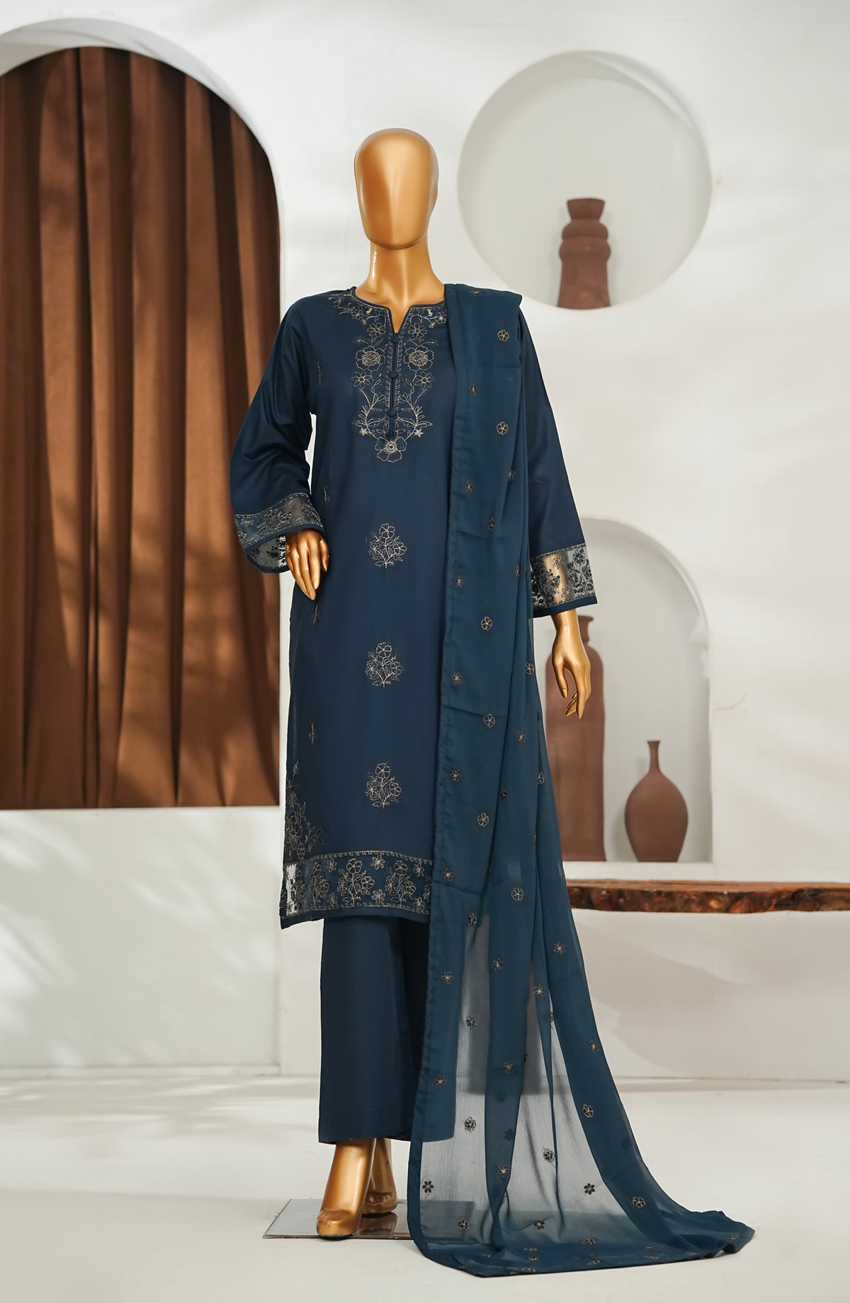 Regaalia by Amna Khadija Pret Embroidered Cambric Cotton Stitched 3 Piece Suit - RCYS-04 - AM26RGL - Blue - Mid Summer Collection