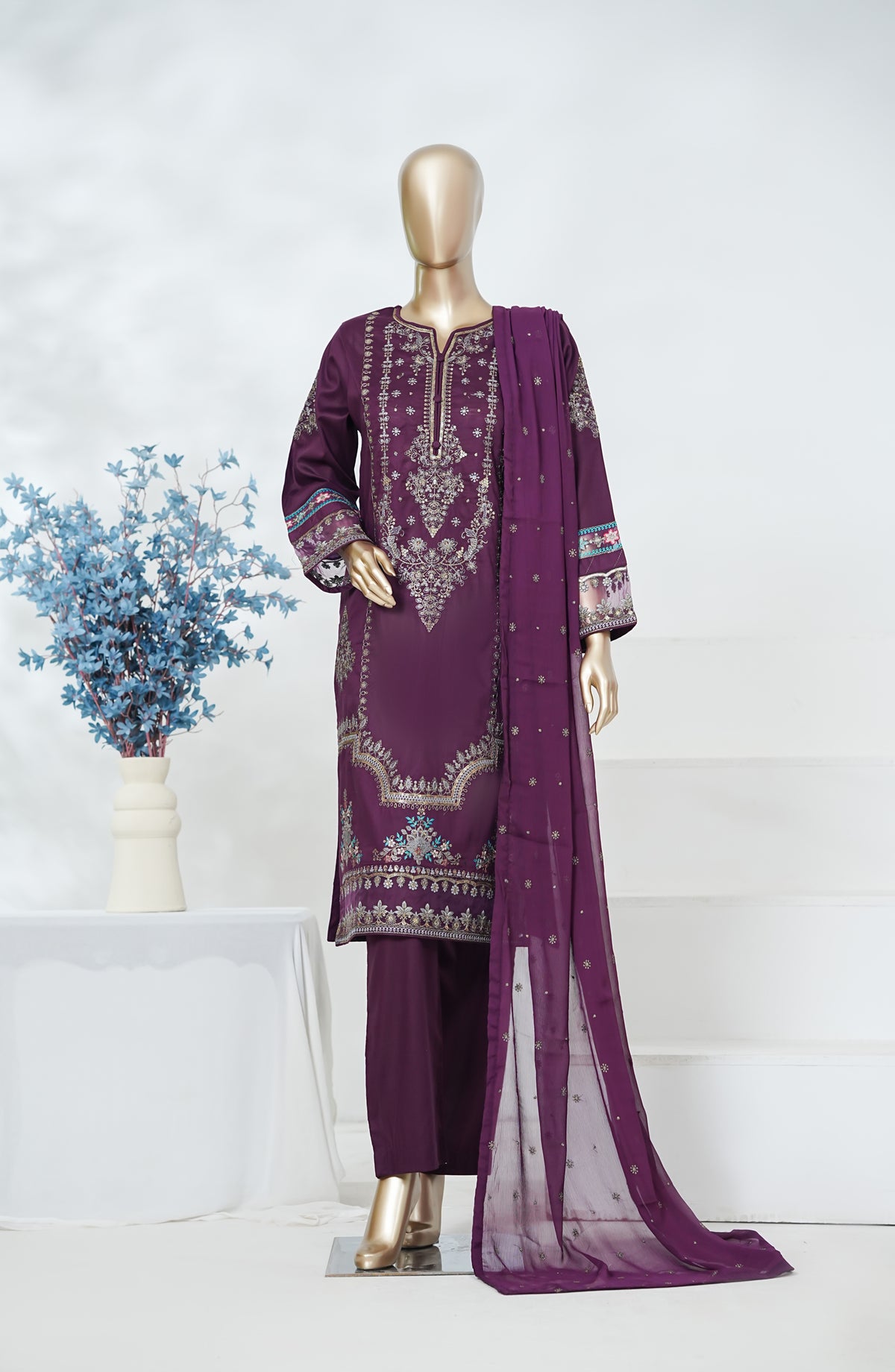 Regaalia by Amna Khadija Pret Embroidered Cotton Stitched 3 Piece Suit - RCYS-07 - AM26LGR - Purple - Mid Summer Collection