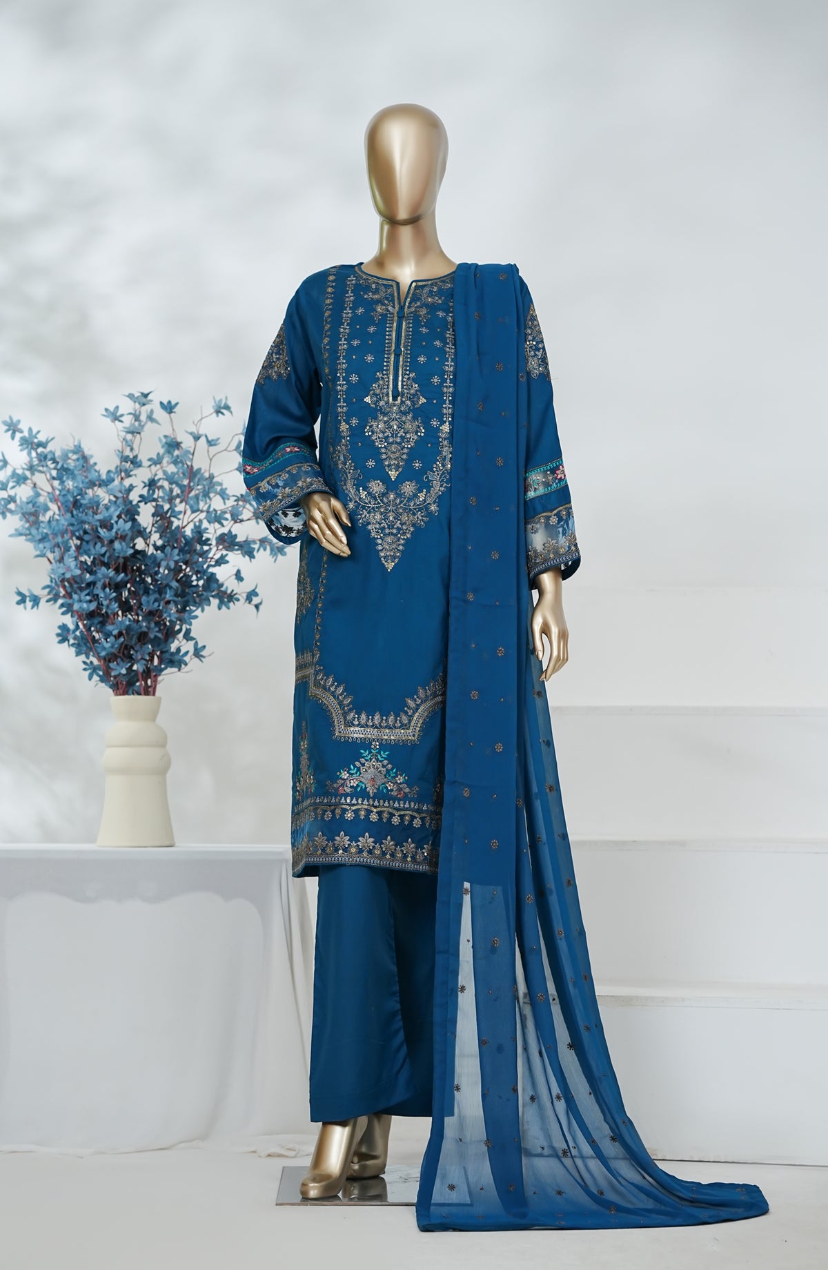 Regaalia by Amna Khadija Pret Embroidered Cotton Stitched 3 Piece Suit - RCYS-08 - AM26LGR - Blue - Mid Summer Collection