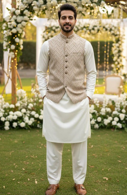 TGM The Royal Edit Suiting Stitched Three Piece with matching Suit - Regal Dune (3pc) - TGM26ROY - Beige - Men Festive Collection
