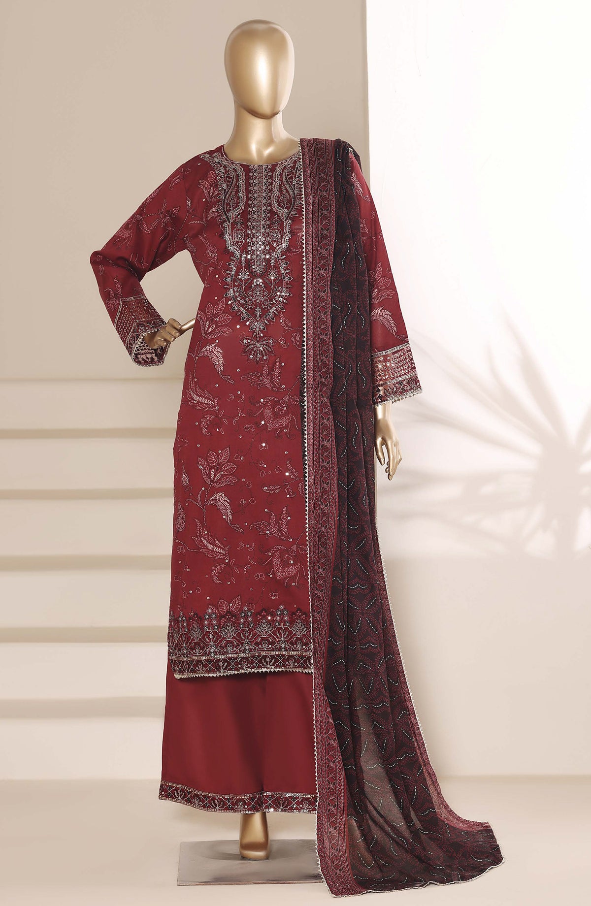Regal by Sadabahar Embroidered Lawn Stitched 3 Piece Suit - D-04 - SBD26REGL - Red - Festive Collection