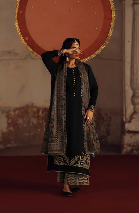 Rekha by Casual Lite Embroidered Silk Viscose Stitched 3 Piece Suit - 04 Bella - CL26RKH - Black - Festive Collection