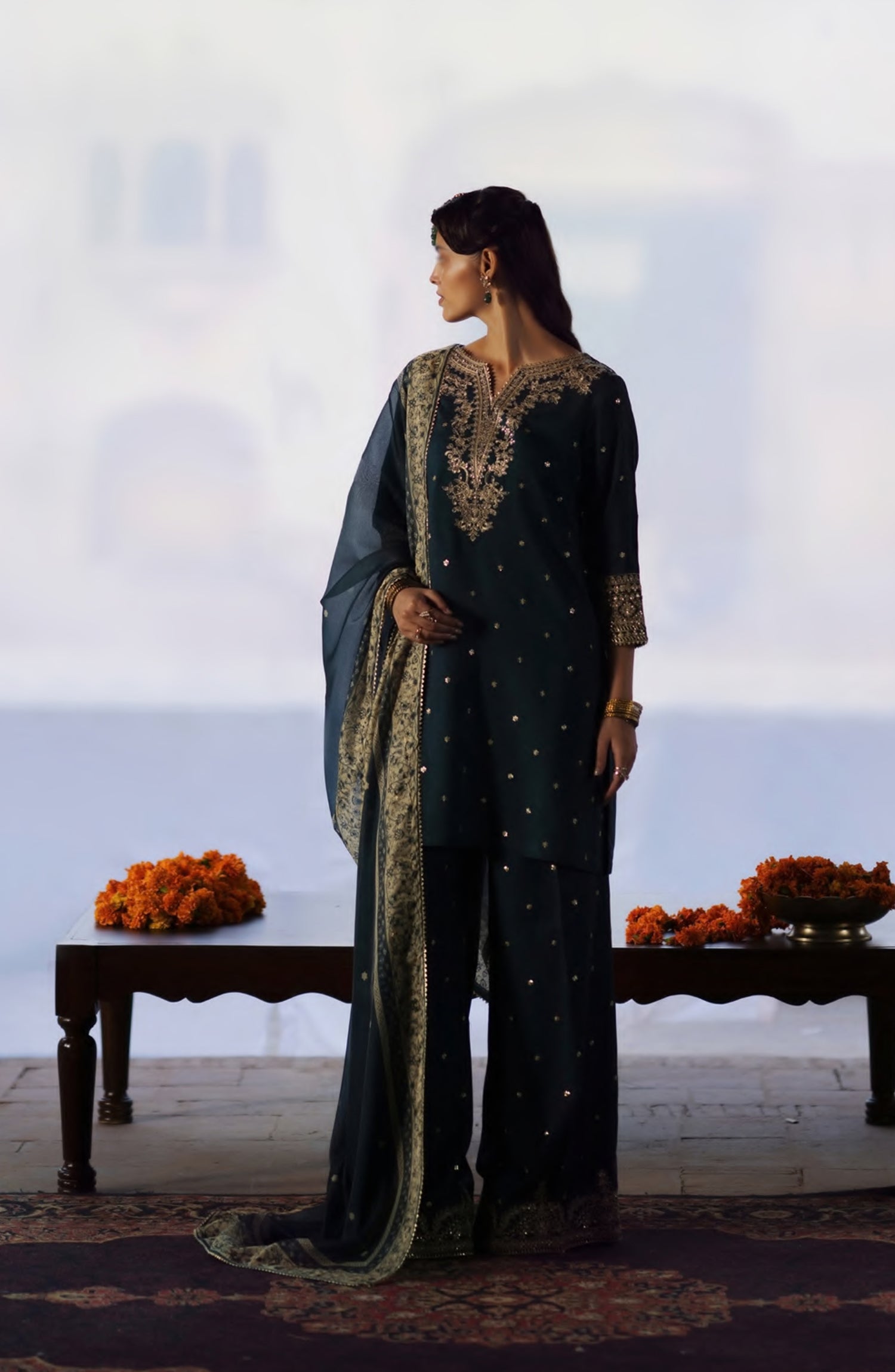 Rekha by Casual Lite Embroidered Silk Viscose Stitched 3 Piece Suit - 05 Zebba - CL26RKH - Teal - Festive Collection