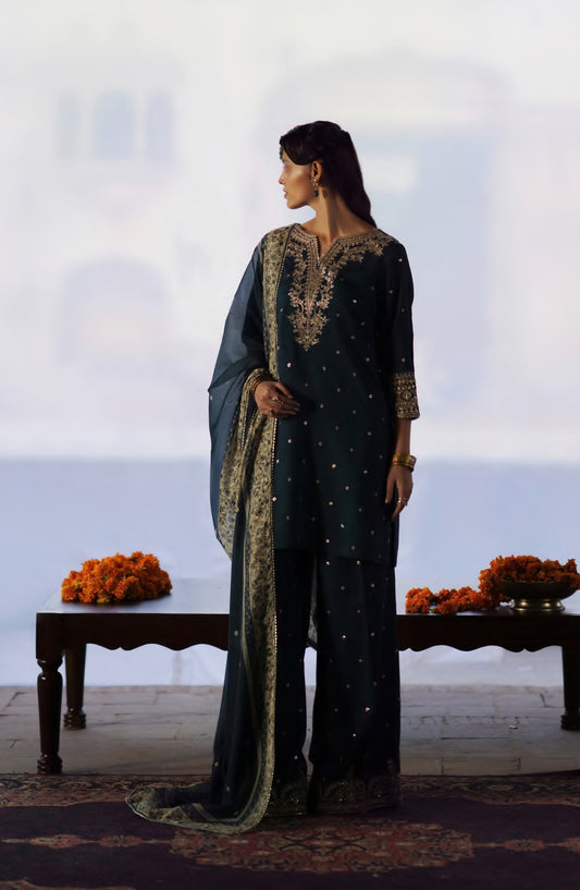Rekha by Casual Lite Embroidered Silk Viscose Stitched 3 Piece Suit - 05 Zebba - CL26RKH - Teal - Festive Collection