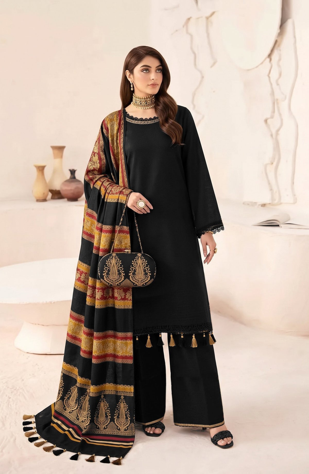 Resham by Amna Khadija Dhanak Unstitched 3 Piece Suit - D-02 - AM26REM - Black - Winter Collection