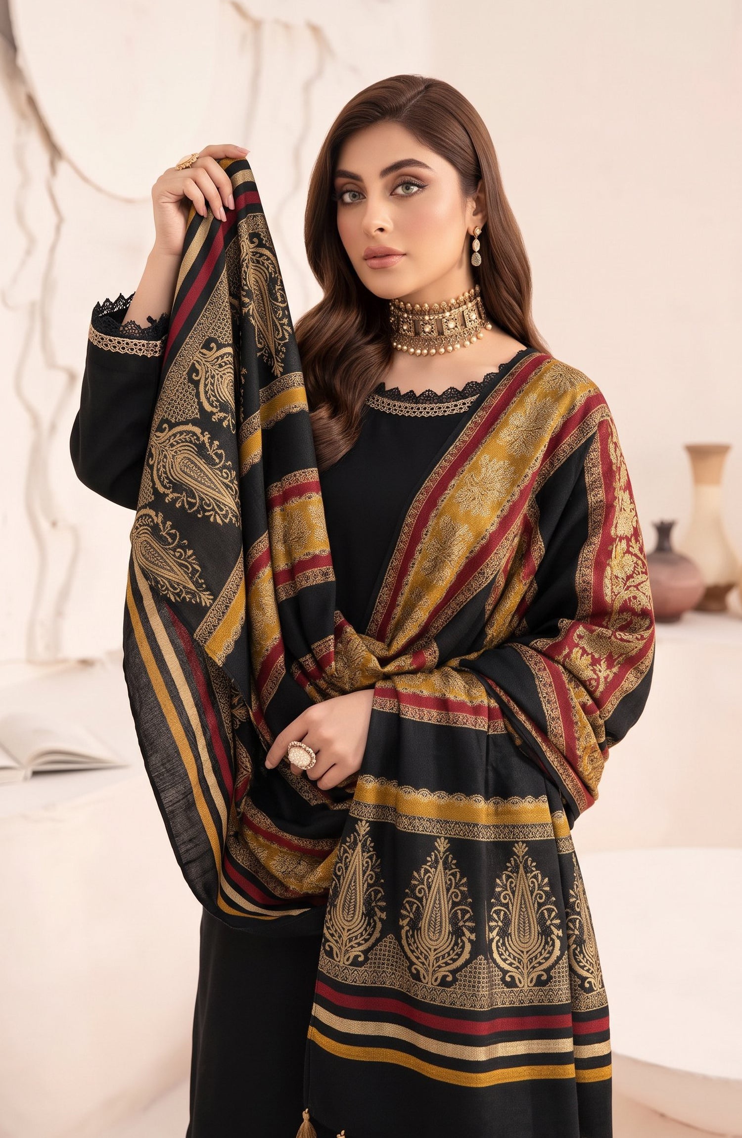 Resham by Amna Khadija Dhanak Unstitched 3 Piece Suit - D-02 - AM26REM - Black - Winter Collection
