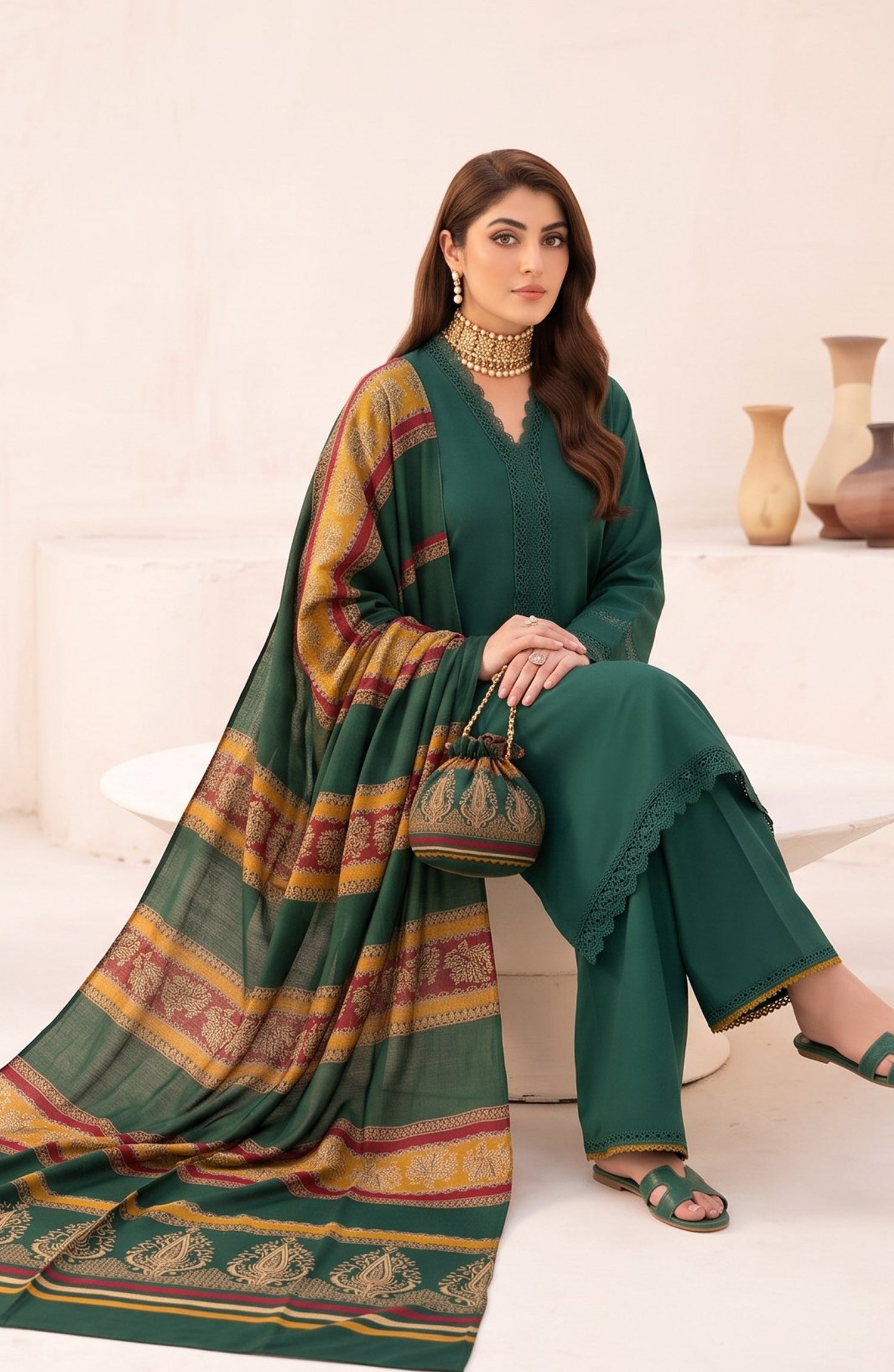 Resham by Amna Khadija Dhanak Unstitched 3 Piece Suit - D-04 - AM26REM - Green - Winter Collection
