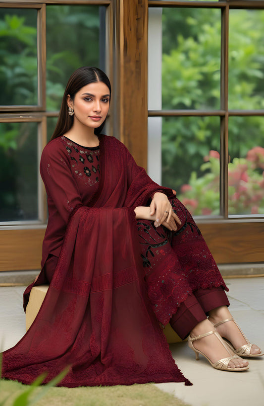 Rifa Embroidered Slub Sweet Peach Unstitched 3 Piece Suit - Design-08 - RF25SW - Maroon - Winter Collection