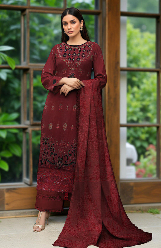 Rifa Embroidered Slub Sweet Peach Unstitched 3 Piece Suit - Design-08 - RF25SW - Maroon - Winter Collection