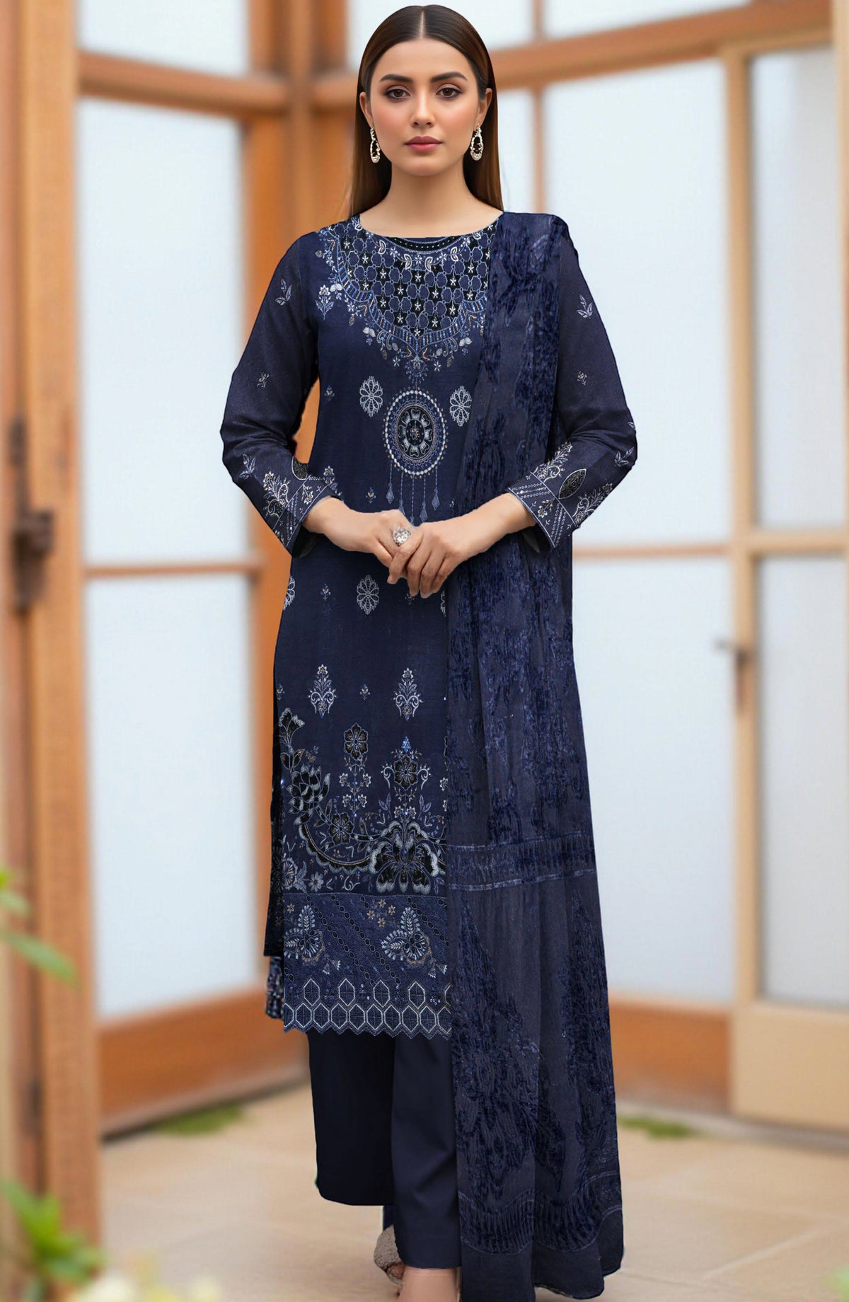 Rifa Embroidered Slub Sweet Peach Unstitched 3 Piece Suit - Design-06 - RF25SW - Blue - Winter Collection