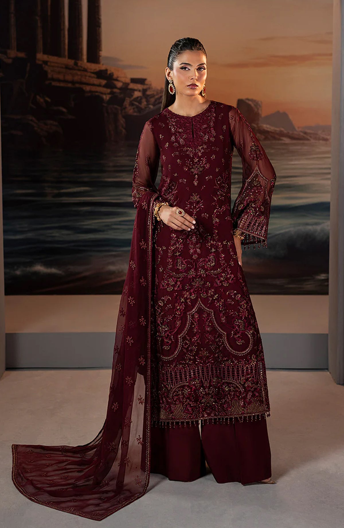 Riwaayat by Lavish Premium Embroidered Chiffon Unstitched 3 Piece Suit - Fuchsia Fantasy - LP25LM - Maroon - Formal Collection