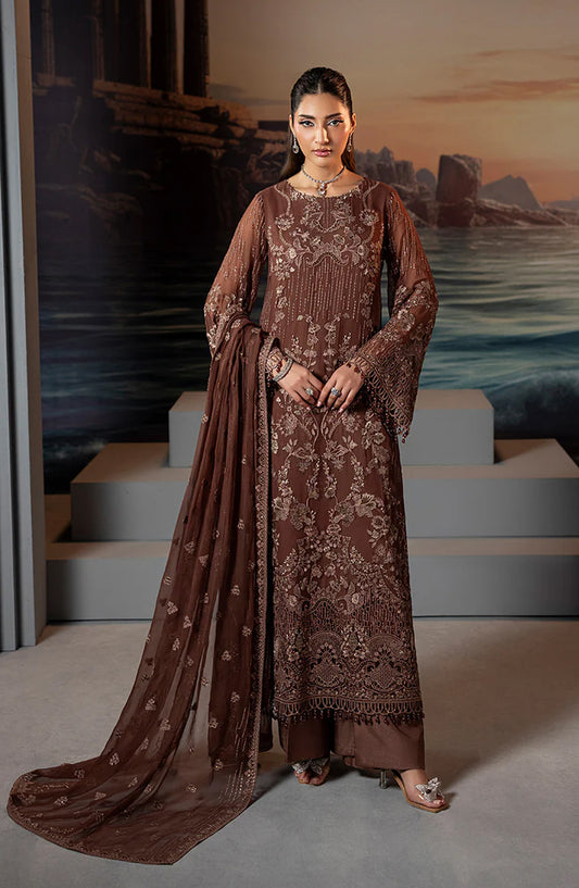 Riwaayat by Lavish Premium Embroidered Chiffon Unstitched 3 Piece Suit - Caramel Luxe - LP25LM - Brown - Formal Collection