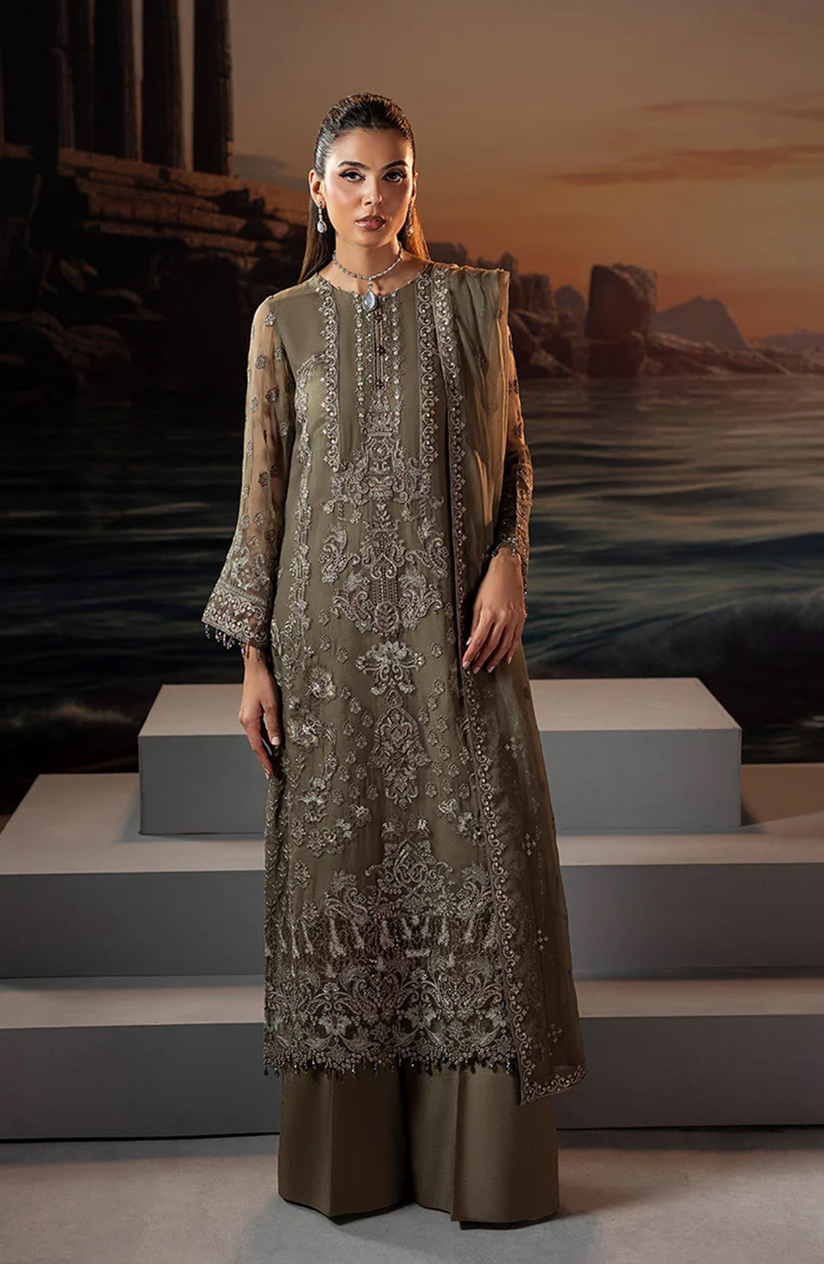 Riwaayat by Lavish Premium Embroidered Chiffon Unstitched 3 Piece Suit - Sage Green - LP25LM - Green - Formal Collection