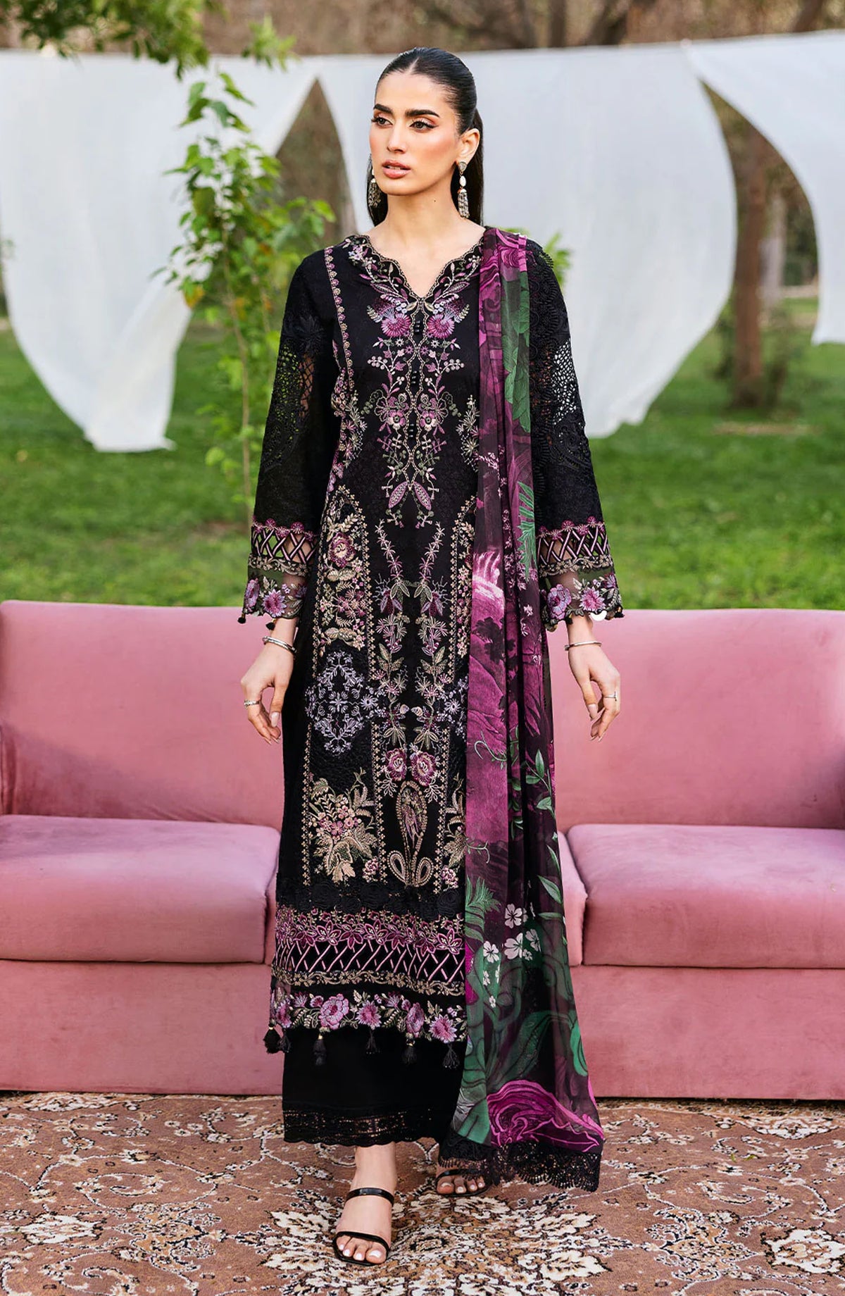 Riwayat by Ramsha Embroidered Lawn Unstitched 3 Piece Suit - Y-1302 - RM25RW13 - Black - Summer Collection