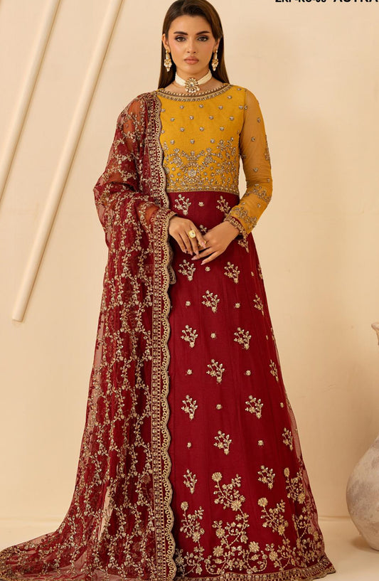 Riwayat by Zarif Embroidered Net Unstitched 3 Piece Suit - RC-08 ASTRA - ZRF26RWT - Yellow Maroon - Festive Collection