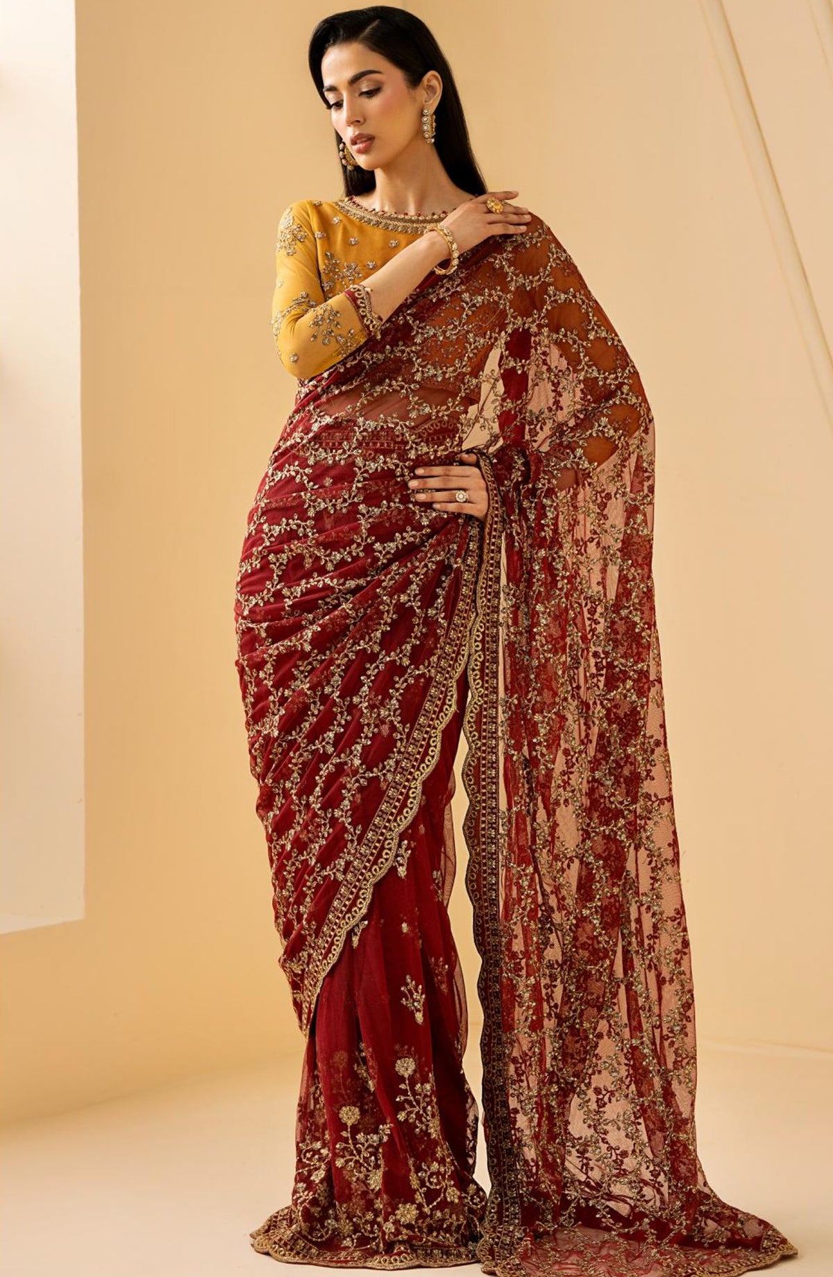 Riwayat by Zarif Embroidered Net Unstitched 3 Piece Suit - RC-08 ASTRA - ZRF26RWT - Yellow Maroon - Festive Collection