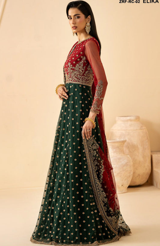 Riwayat by Zarif Embroidered Net Unstitched 3 Piece Suit - RC-02 ELIKA - ZRF26RWT - Red Green - Festive Collection