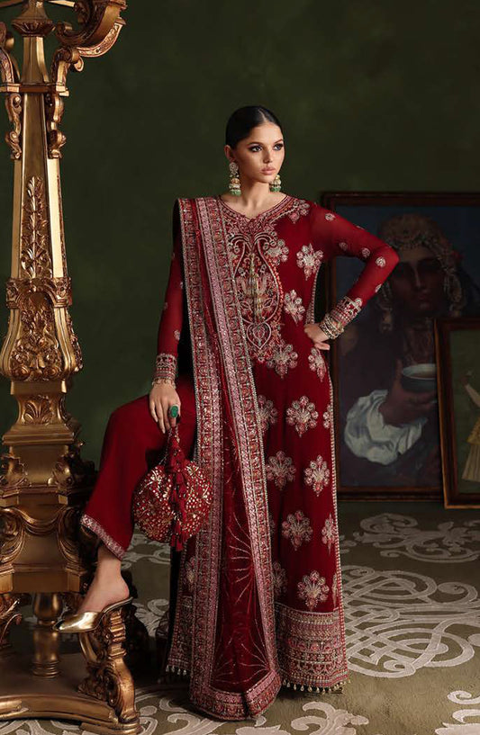 Roheenaz Royale Eternel Embroidered Chiffon Unstitched 3 Piece Suit - 101 Imperial Grace - RH26RYL - Red - Festive Collection