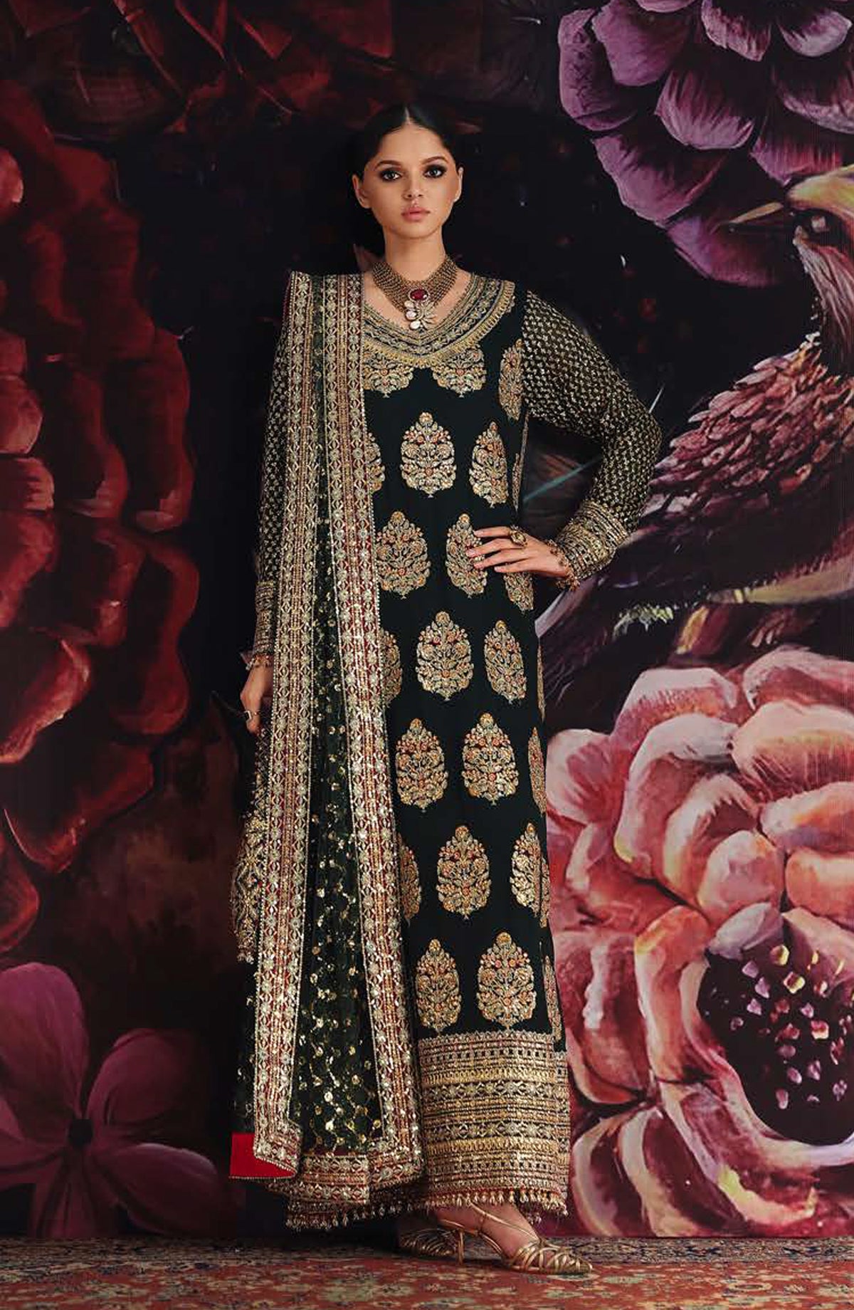 Roheenaz Royale Eternel Embroidered Chiffon Unstitched 3 Piece Suit - 102 Crown Jewel - RH26RYL - Green - Festive Collection