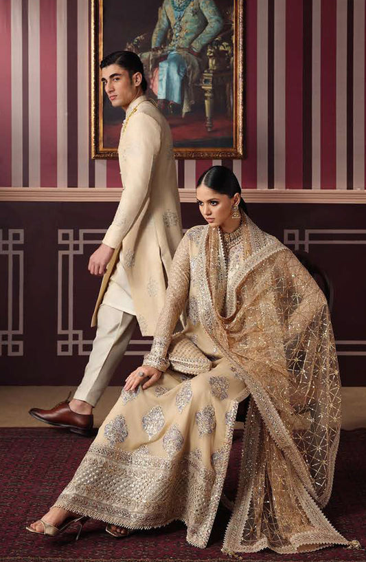 Roheenaz Royale Eternel Embroidered Chiffon Unstitched 3 Piece Suit - 104 Empress Glow - RH26RYL - Gold - Festive Collection