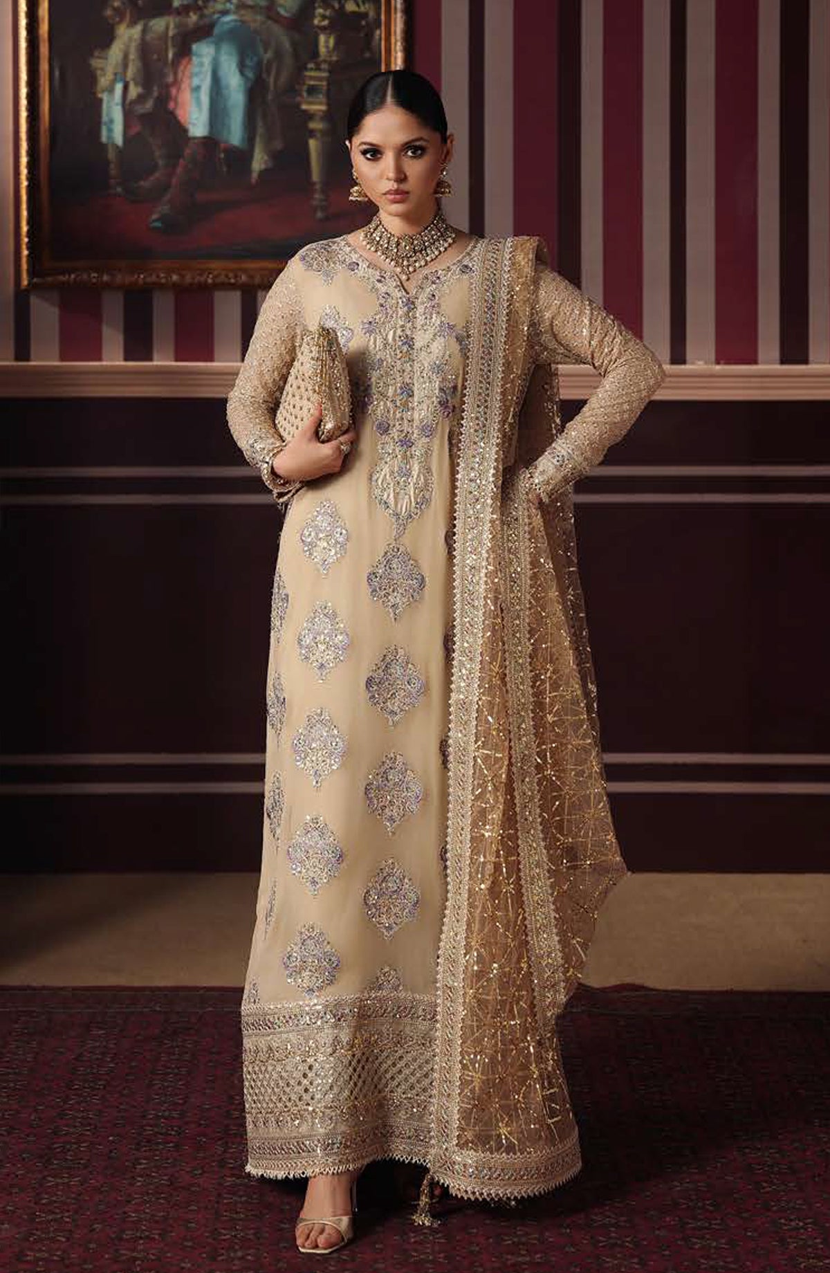 Roheenaz Royale Eternel Embroidered Chiffon Unstitched 3 Piece Suit - 104 Empress Glow - RH26RYL - Gold - Festive Collection