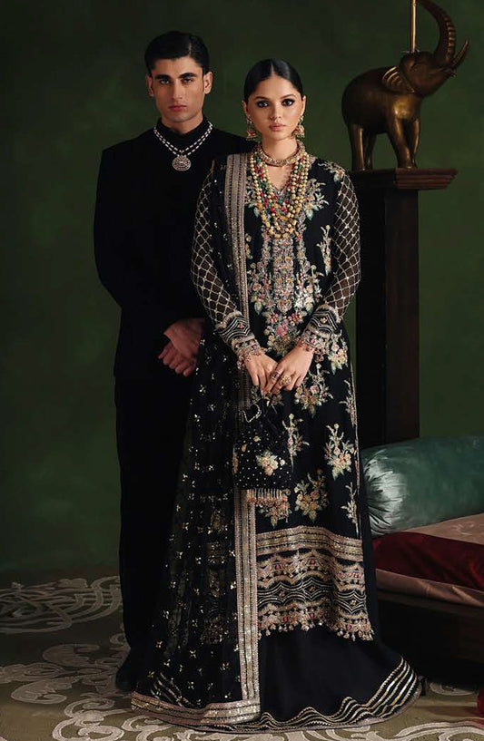 Roheenaz Royale Eternel Embroidered Chiffon Unstitched 3 Piece Suit - 107 Radiant Muse - RH26RYL - Black - Festive Collection