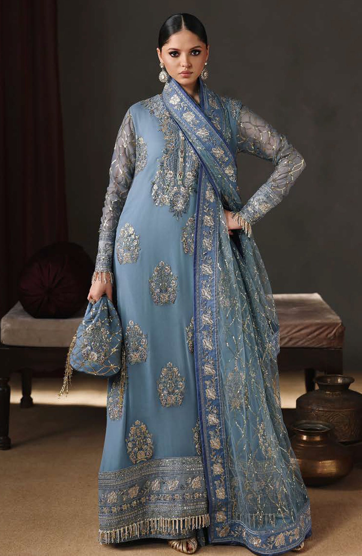 Roheenaz Royale Eternel Embroidered Chiffon Unstitched 3 Piece Suit - 108 Royal Muse - RH26RYL - Blue - Festive Collection