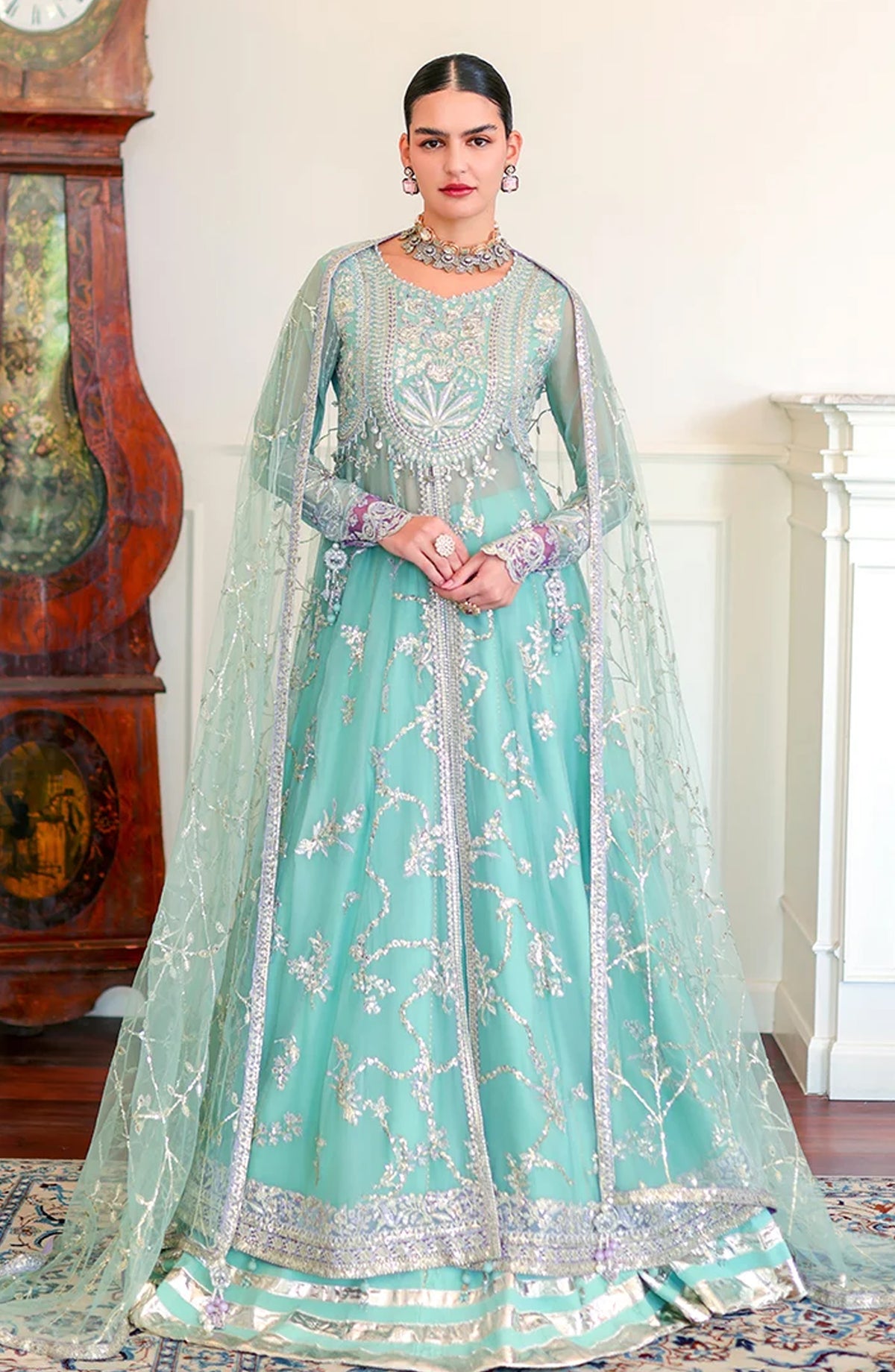 Roheenaz Luxury Embroidered Chiffon Unstitched 3 Piece Suit - 04 Theodora - RH26WR - Seafoam Green - Festive Collection