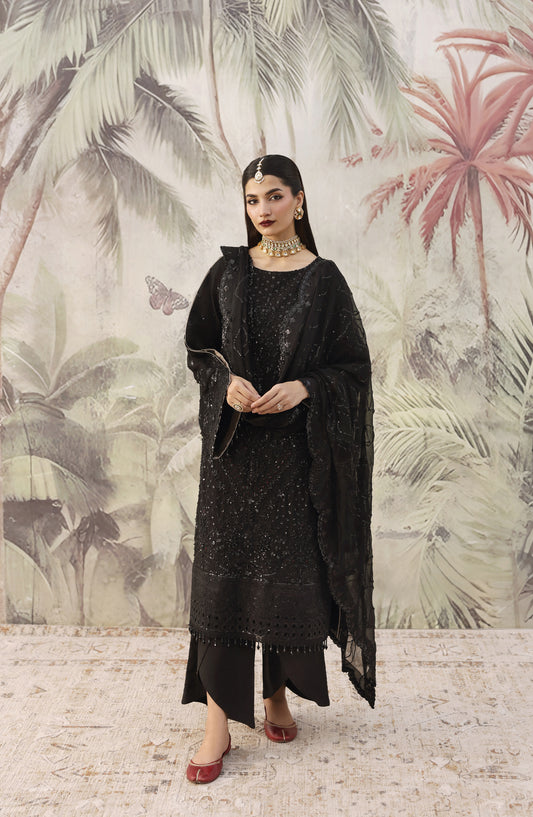 Romansiyyah by Emaan Adeel Luxury Embroidered Chiffon Unstitched 3 Piece Suit - ZAREENAH - ED25RMN - Black - Formals Collection