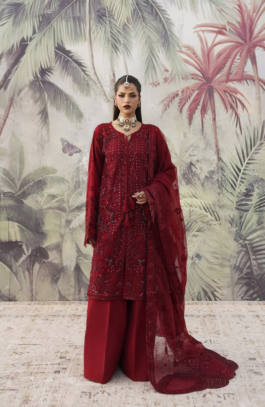 Romansiyyah by Emaan Adeel Luxury Embroidered Organza Unstitched 3 Piece Suit - NOORMAHAL - ED25RMN - Red - Formals Collection