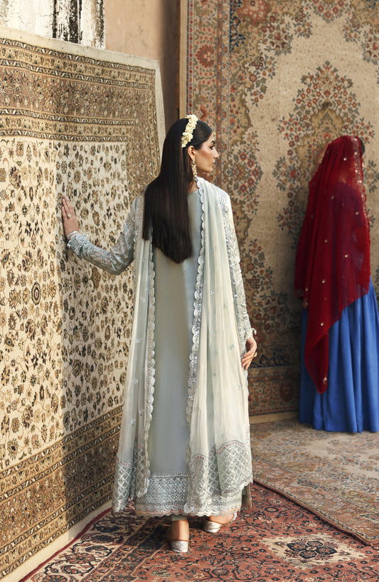 Romansiyyah by Emaan Adeel Luxury Embroidered Mesoury Unstitched 3 Piece Suit - SHABEENA - ED25RMN - Blue - Formals Collection
