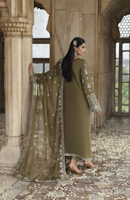 Romansiyyah by Emaan Adeel Luxury Embroidered Chiffon Unstitched 3 Piece Suit - OLIVEA - ED25RMN - Green - Formals Collection