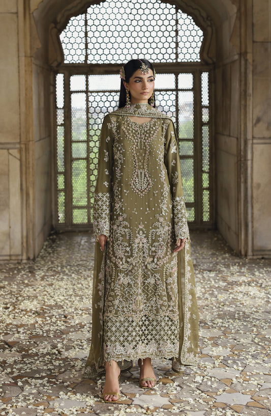 Romansiyyah by Emaan Adeel Luxury Embroidered Chiffon Unstitched 3 Piece Suit - OLIVEA - ED25RMN - Green - Formals Collection