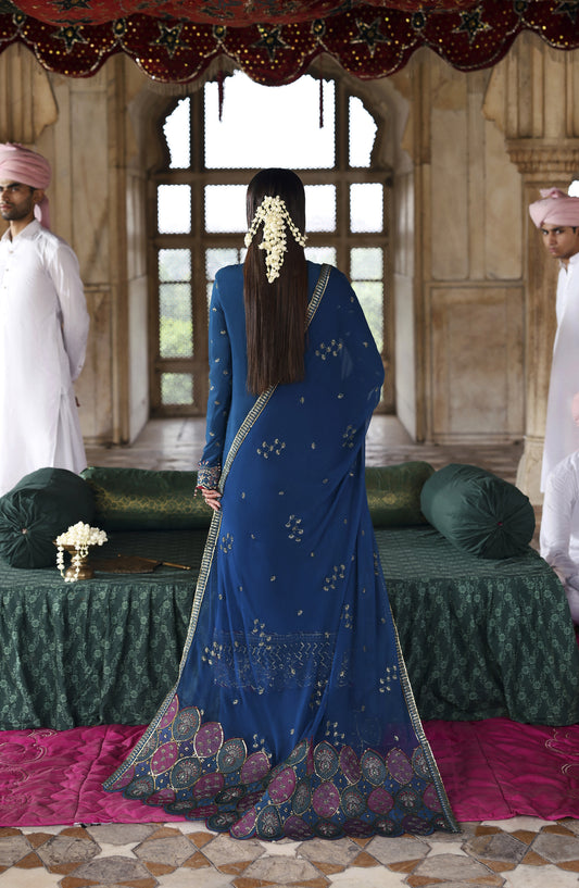 Romansiyyah by Emaan Adeel Luxury Embroidered Chiffon Unstitched 3 Piece Suit - ZARQ - ED25RMN - Blue - Formals Collection
