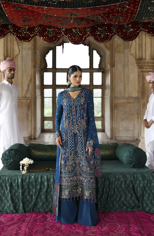 Romansiyyah by Emaan Adeel Luxury Embroidered Chiffon Unstitched 3 Piece Suit - ZARQ - ED25RMN - Blue - Formals Collection