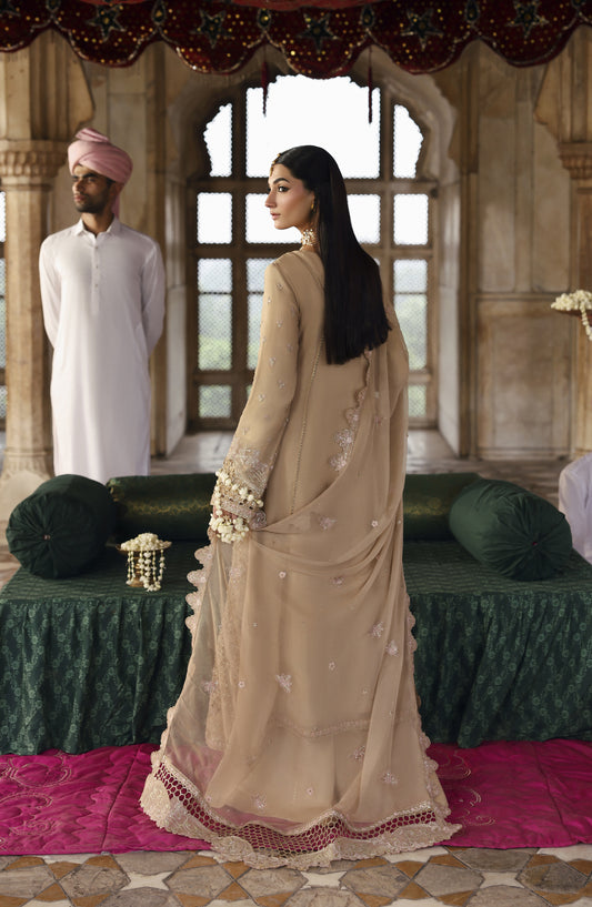 Romansiyyah by Emaan Adeel Luxury Embroidered Chiffon Unstitched 3 Piece Suit - SHAHNOOR - ED25RMN - Fawn - Formals Collection