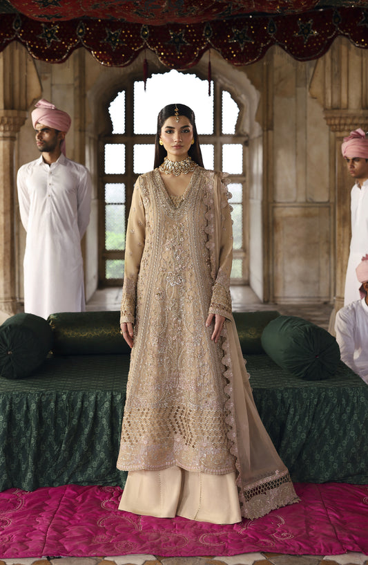 Romansiyyah by Emaan Adeel Luxury Embroidered Chiffon Unstitched 3 Piece Suit - SHAHNOOR - ED25RMN - Fawn - Formals Collection
