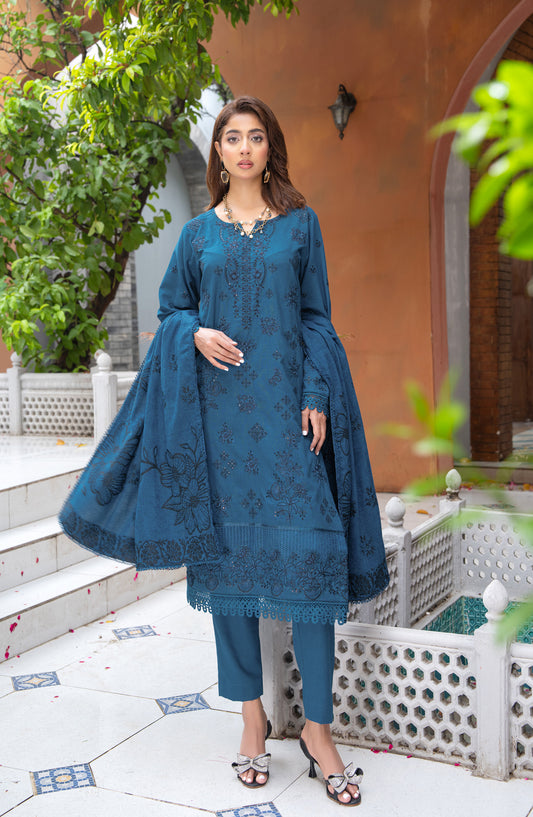 Roniq by Riaz Arts Premium Embroidered Peach Slub Unstitched 3 Piece Suit - Design-01 - RA25RNQ - Blue - Winter Collection