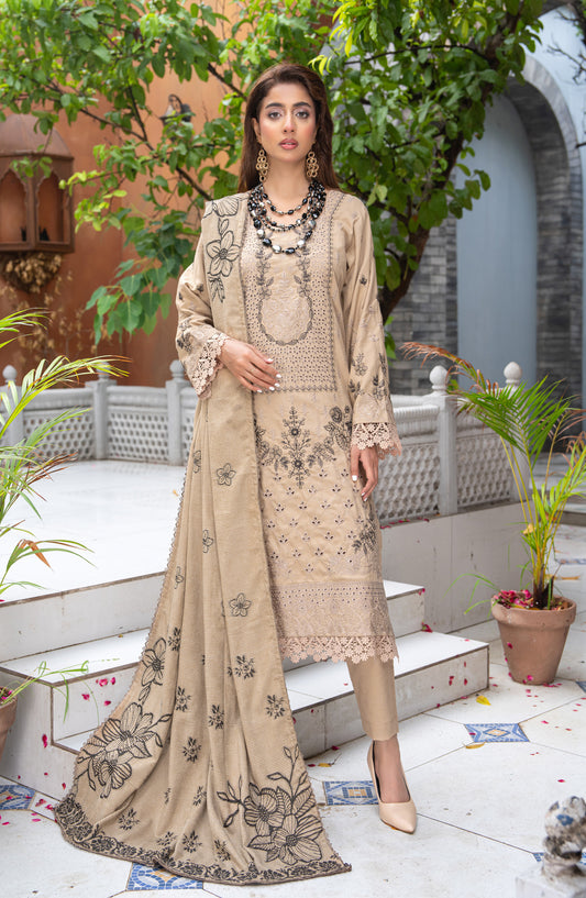Roniq by Riaz Arts Premium Embroidered Peach Slub Unstitched 3 Piece Suit - Design-02 - RA25RNQ - Beige - Winter Collection