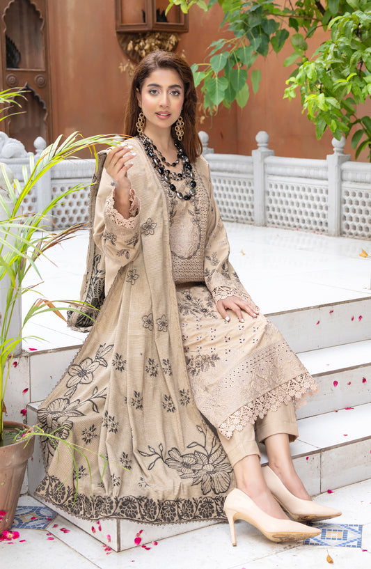 Roniq by Riaz Arts Premium Embroidered Peach Slub Unstitched 3 Piece Suit - Design-02 - RA25RNQ - Beige - Winter Collection