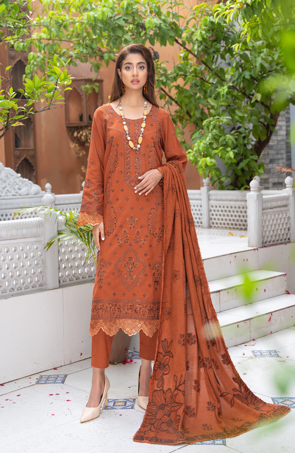 Roniq by Riaz Arts Premium Embroidered Peach Slub Unstitched 3 Piece Suit - Design-03 - RA25RNQ - Orange - Winter Collection