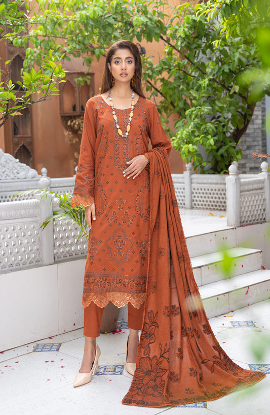 Roniq by Riaz Arts Premium Embroidered Peach Slub Unstitched 3 Piece Suit - Design-03 - RA25RNQ - Orange - Winter Collection