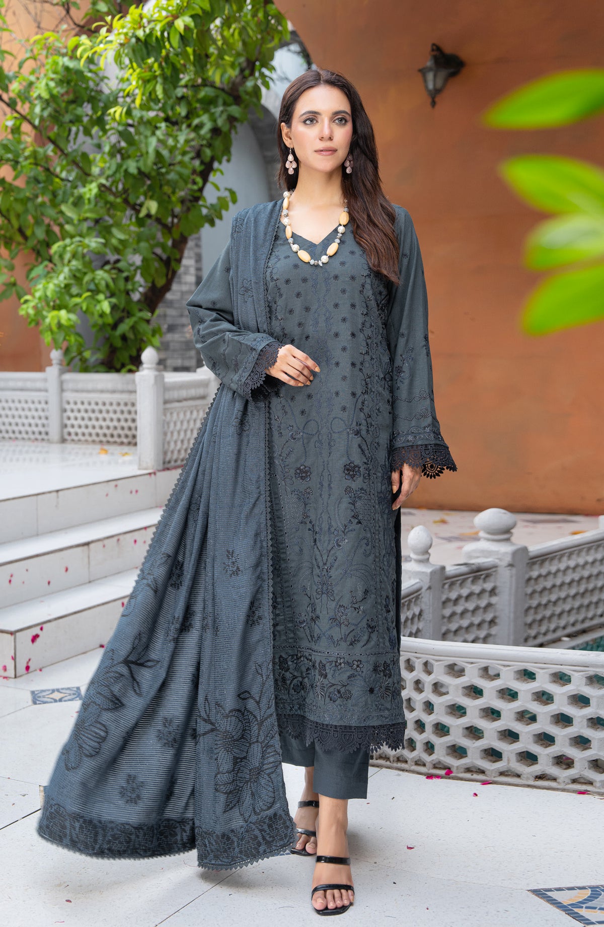 Roniq by Riaz Arts Premium Embroidered Peach Slub Unstitched 3 Piece Suit - Design-07 - RA25RNQ - Blue - Winter Collection