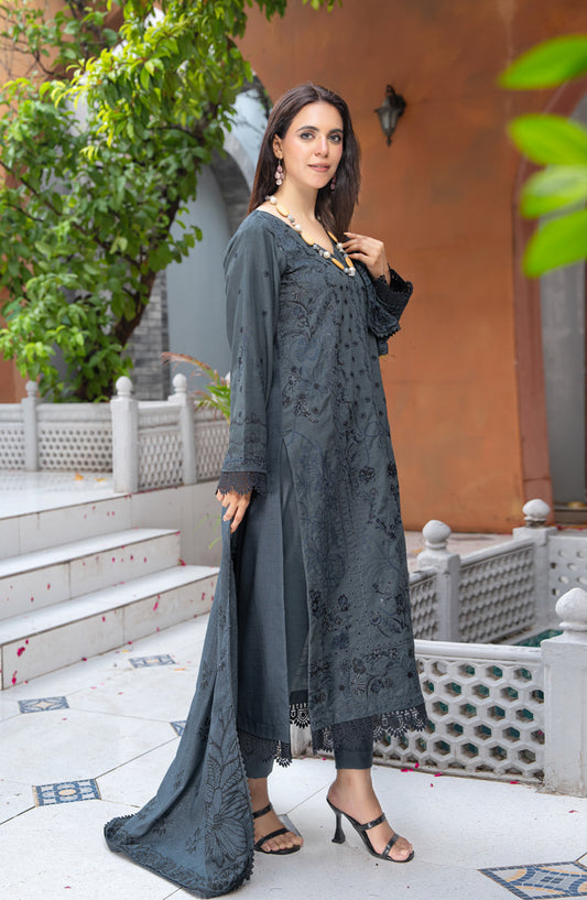 Roniq by Riaz Arts Premium Embroidered Peach Slub Unstitched 3 Piece Suit - Design-07 - RA25RNQ - Blue - Winter Collection