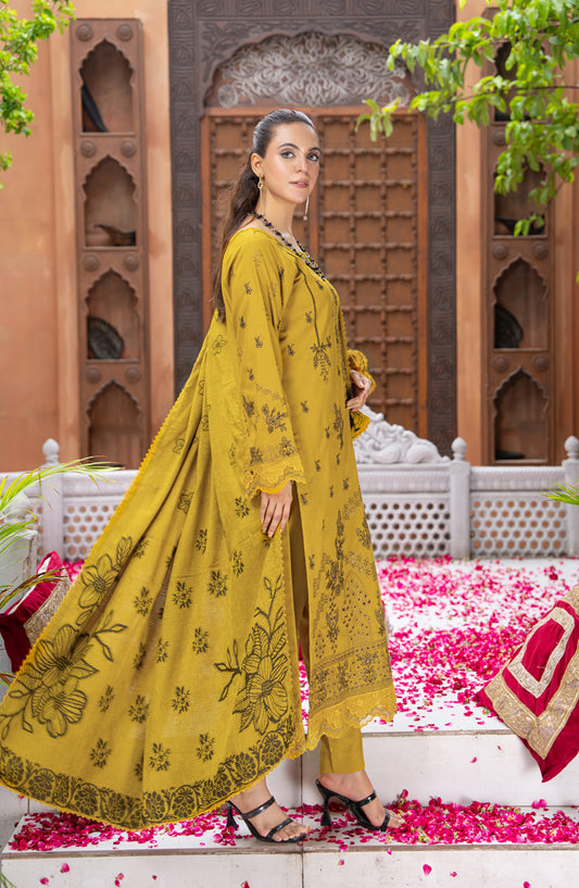 Roniq by Riaz Arts Premium Embroidered Peach Slub Unstitched 3 Piece Suit - Design-08 - RA25RNQ - Mustard - Winter Collection