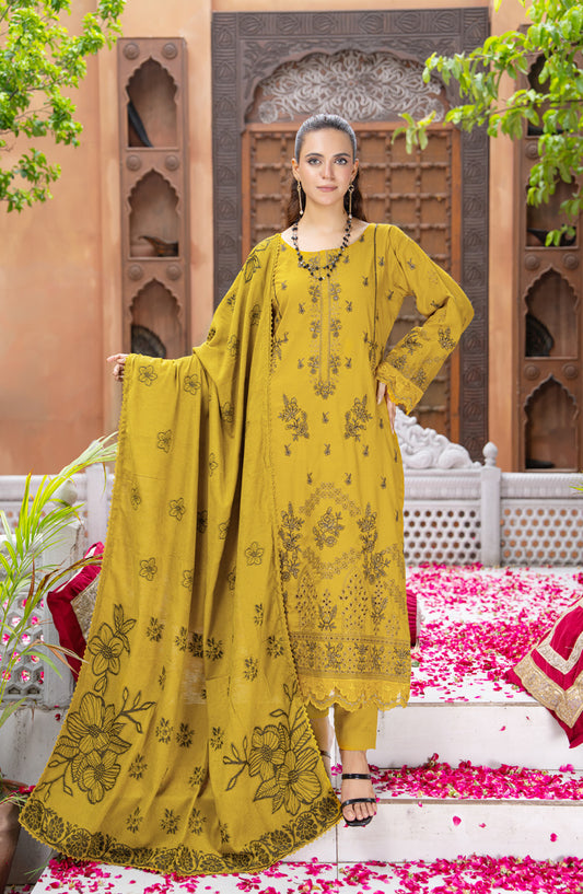 Roniq by Riaz Arts Premium Embroidered Peach Slub Unstitched 3 Piece Suit - Design-08 - RA25RNQ - Mustard - Winter Collection