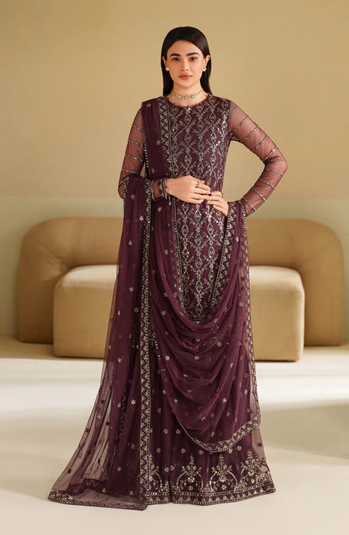 Roohi by Zarif Embroidered Net Unstitched 3 Piece Suit - ZRF-RFE-01 Saneh - ZRF25ROH - Purple - Formals Collection