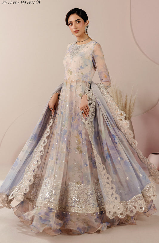 Roselle by Zarif Embroidered Chiffon Unstitched 3 Piece Suit - 01 Haven - ZRF26RS - Light Blue - Formals Collection