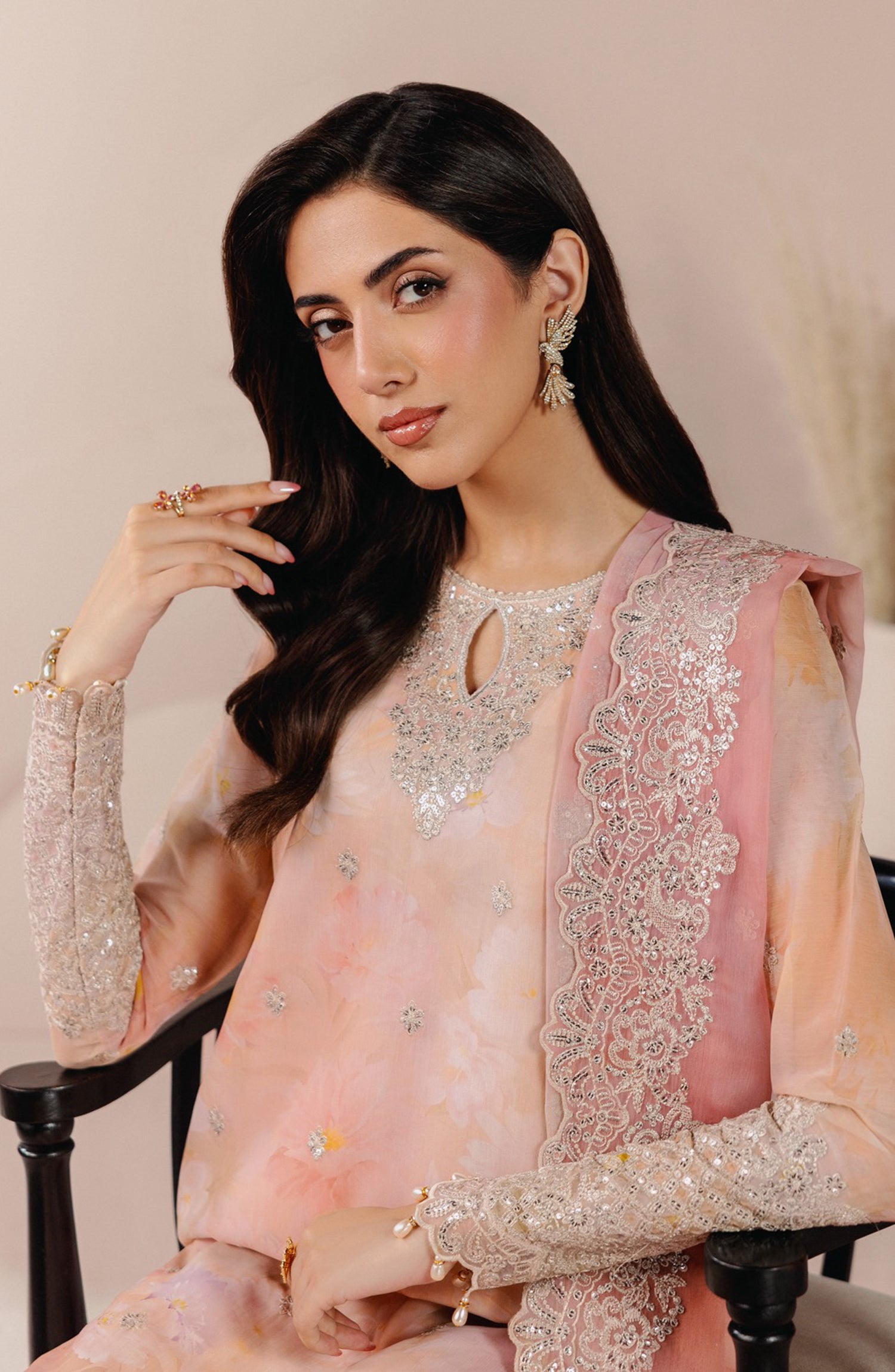 Roselle by Zarif Embroidered Chiffon Unstitched 3 Piece Suit - 02 Flore - ZRF26RS - Peach - Formals Collection